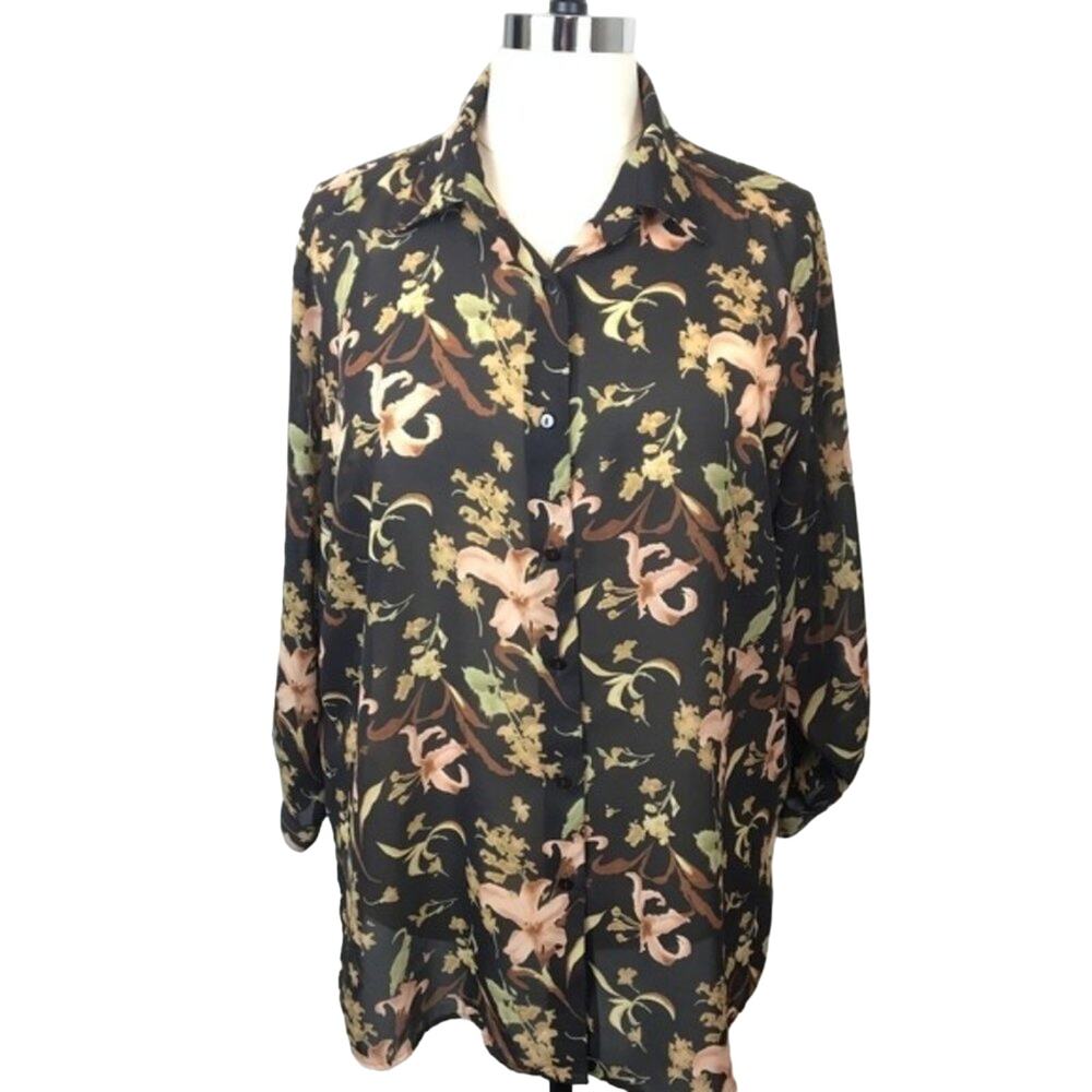 Lane Bryant Floral Blouse Women sz 18 20 Dark Floral Romantic Retro Tunic Length